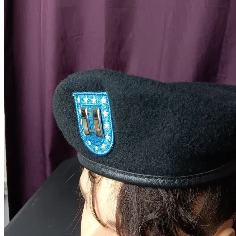 DSCP Garrison Army Wool Beret Vtg Mens Small 6 3/4 Black‎ Captain Bars USA Made